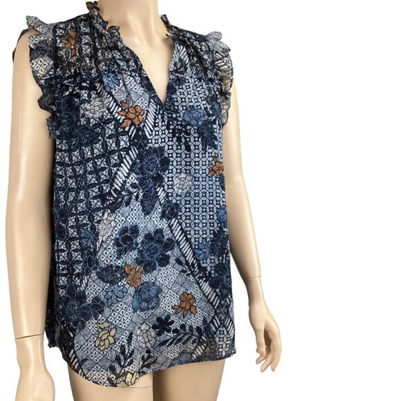 Maison D’Amelie Floral Sleeveless Top Blue & Orange Size Medium Ruffle V-neck - Picture 4 of 7